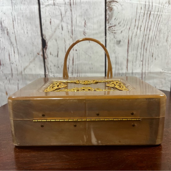 Retro Vintage Taupe Acrylic Box Bag with Gold Filigree - Picture 8 of 13